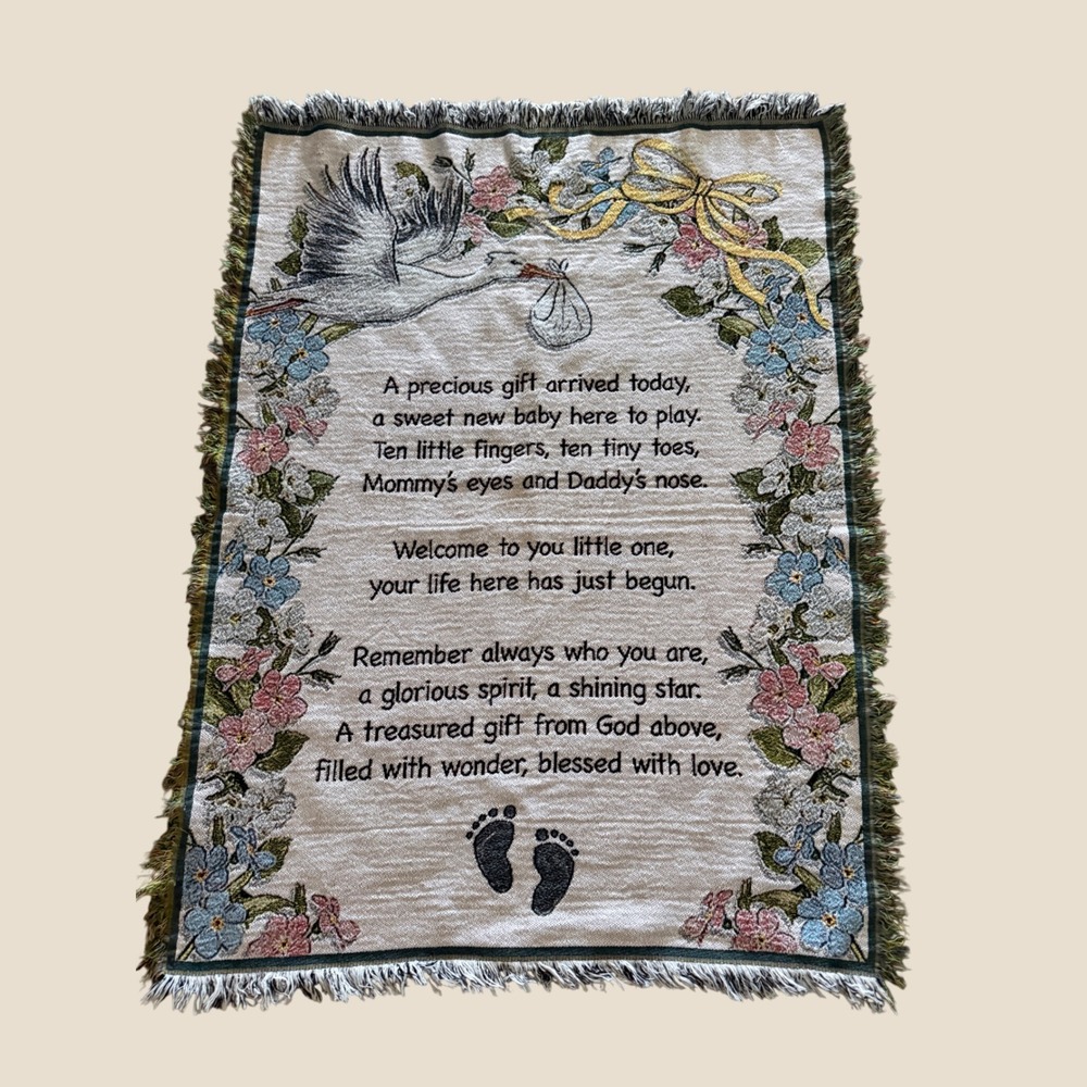 Collections Etc Woven Tapestry Baby Blanket Stork Vintage Nursery Throw 36x48